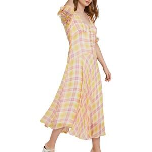 Ghost London Megan Yellow Pink Tartan Plaid Chiffon Midi Dress